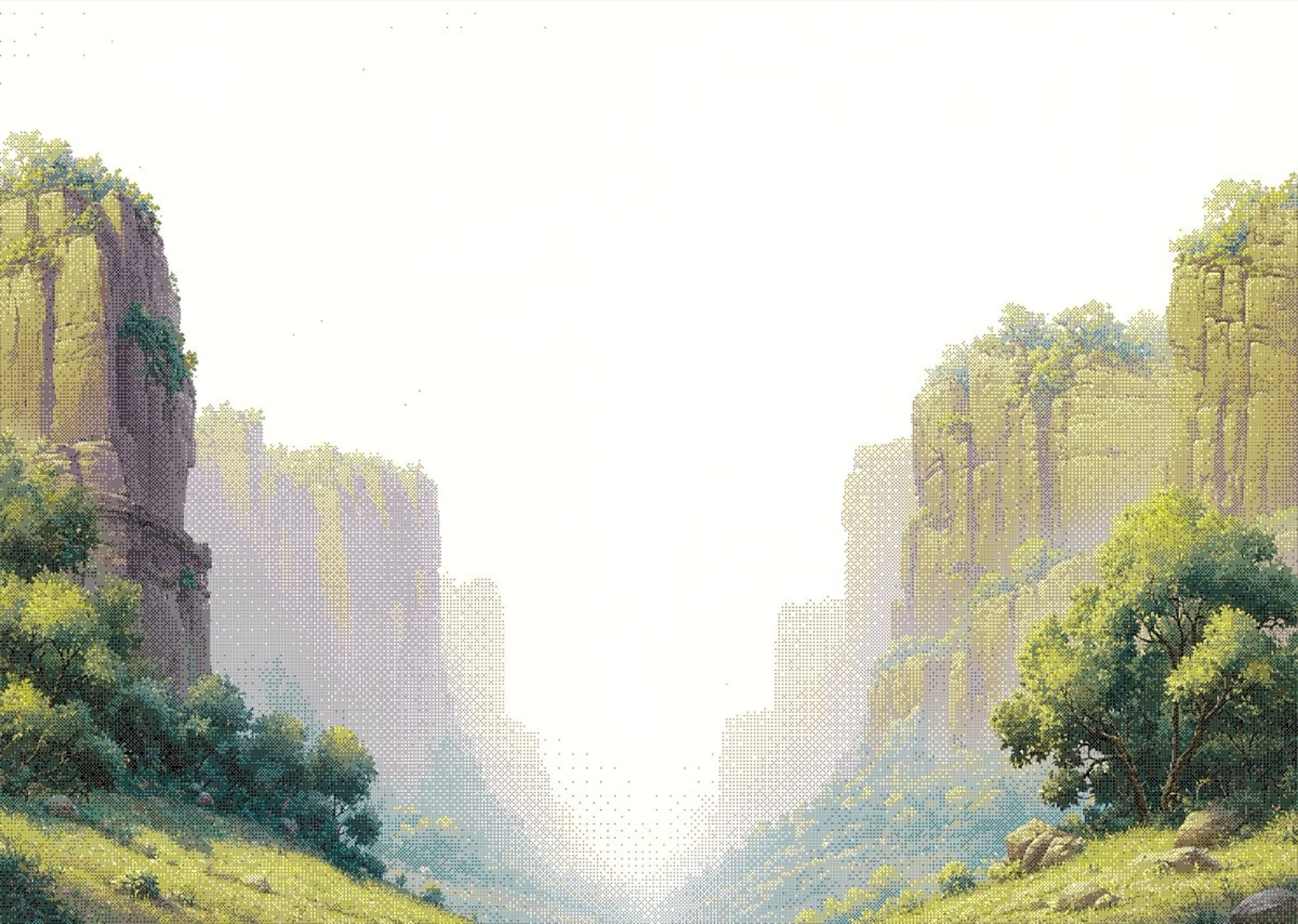Sunlight pouring through hazy air between two tall green canyon walls